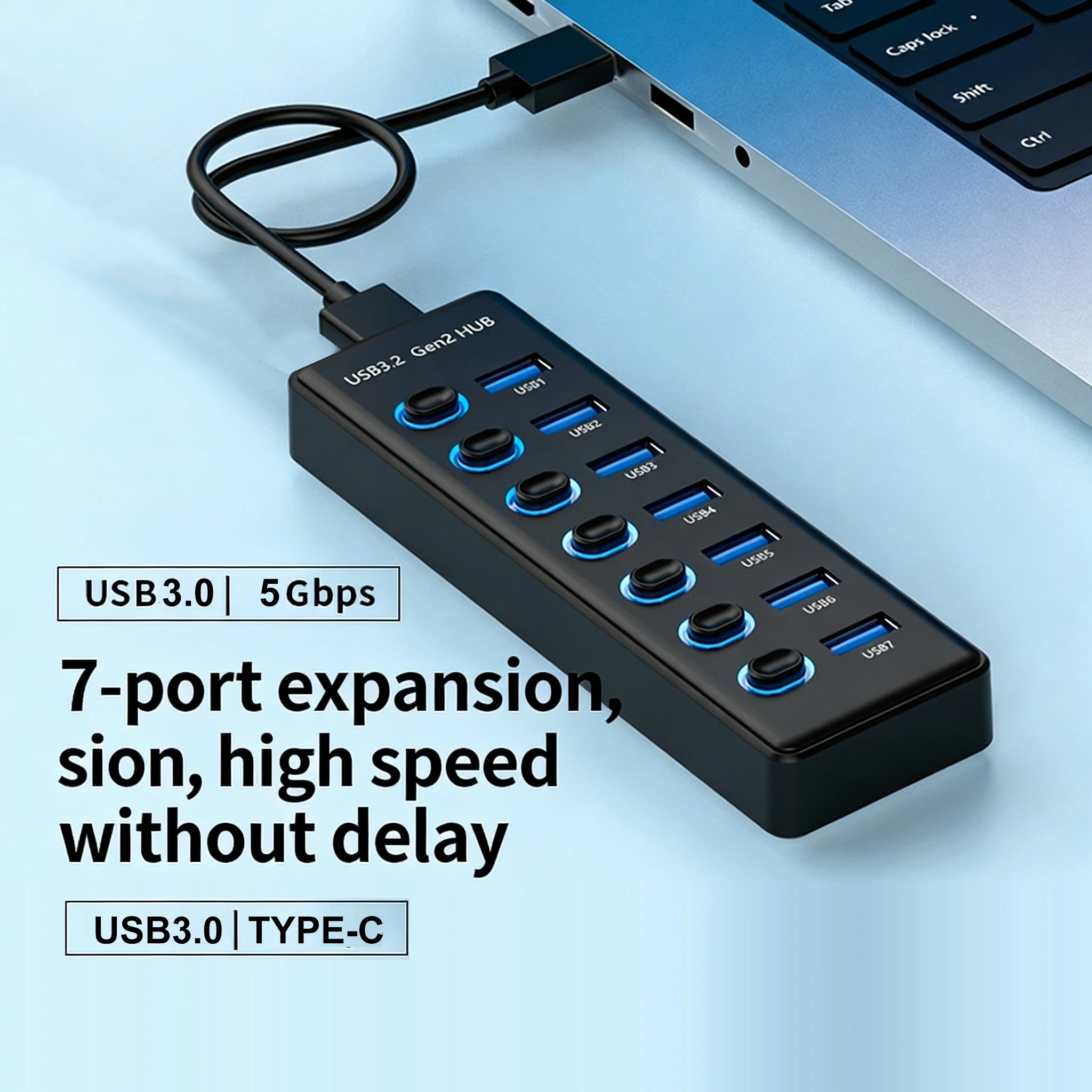 KEBIDUMEI USB3.0 Type-C Hub 7-Port Splitter Switch 5Gbps High Speed USB Hub Adapter for Macbook Phone Tablets Keyboard Mouse