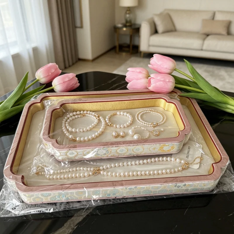 Islamic Palace Song Brocade Jewelry Tray, Eid Mubarak Velvet Display for Jade Bangle & Necklace, Home & Shop Decor Prop