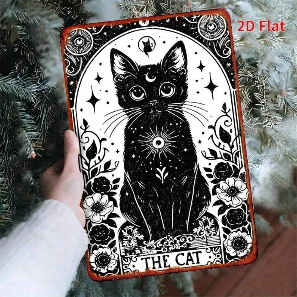 

Witchy Black Cat Metal Sign for Wall Decor - Art Deco Style 2D Vintage Halloween Decoration, Trendy Ramadan & Valentine's Home W