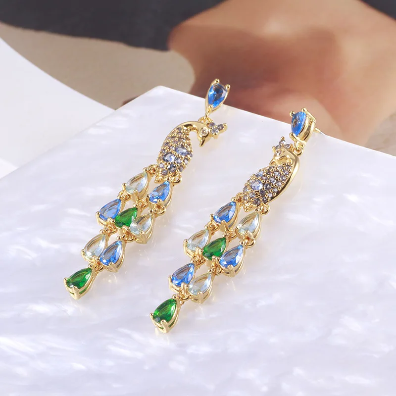 KS European and American New Retro Full Diamond Shining Zircon Splicing Peacock Shape Long Fringed Earrings