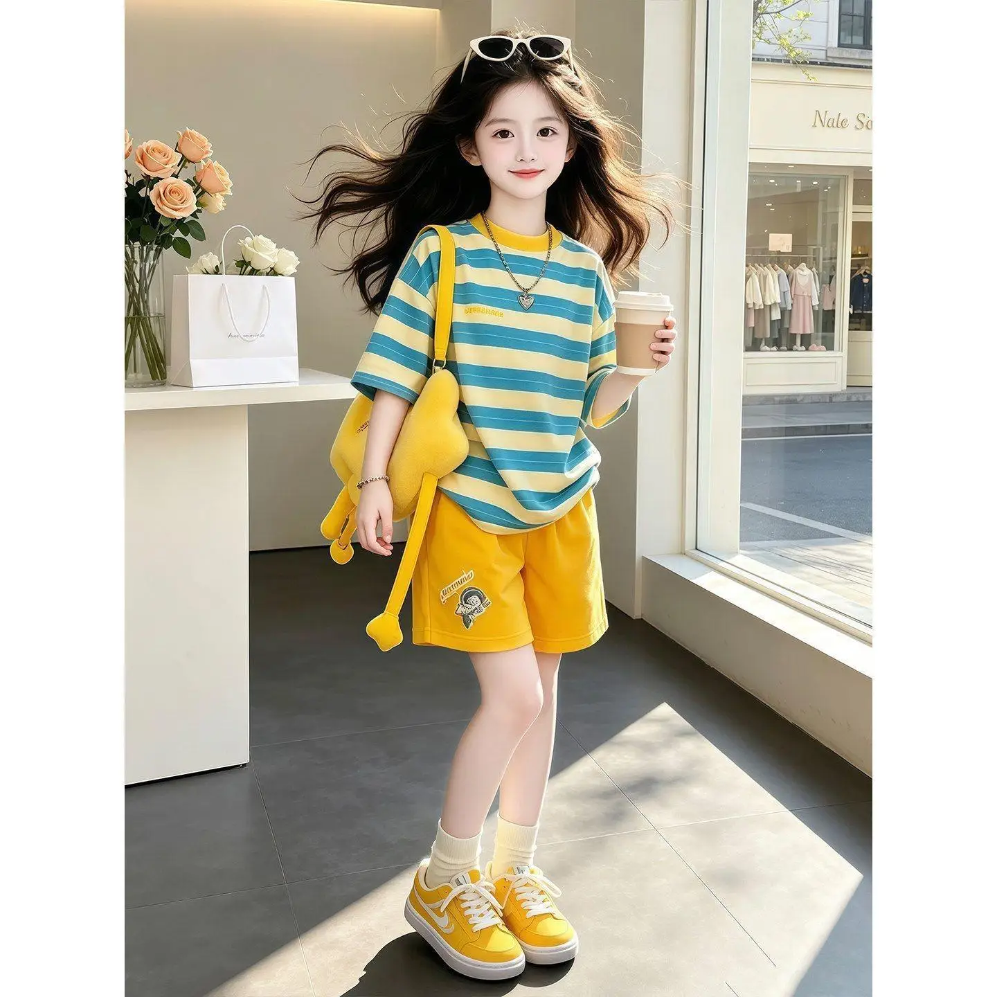 New summer outfit for ages 4-14, versatile daily casual striped set, T-shirt shorts set, in stock