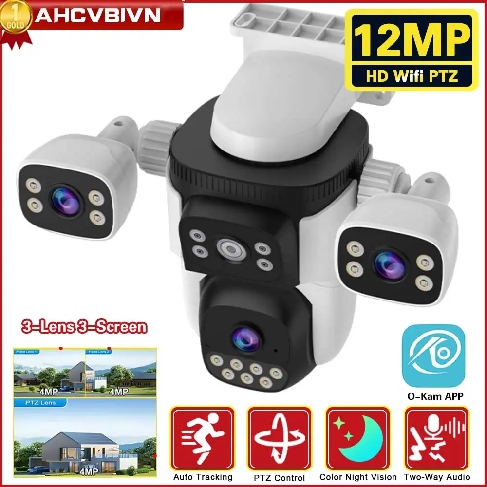 6K 12MP PTZ WiFi Camera 3-Lens 3-Screen Surveillance Camera Outdoor Security CCTV Auto Tracking IP Security Cameras APPO-Kam