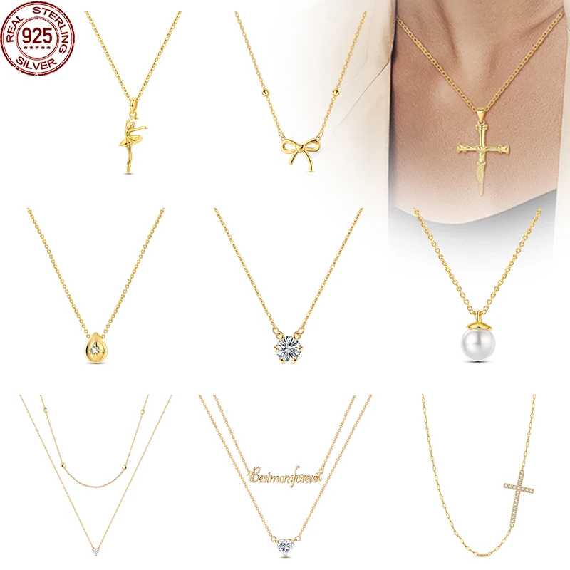 

Original 925 Sterling Silver Necklace Golden Cross Heart-Shaped Pearl Teardrop Necklace For Women Girls Fashion Jewelry Gift