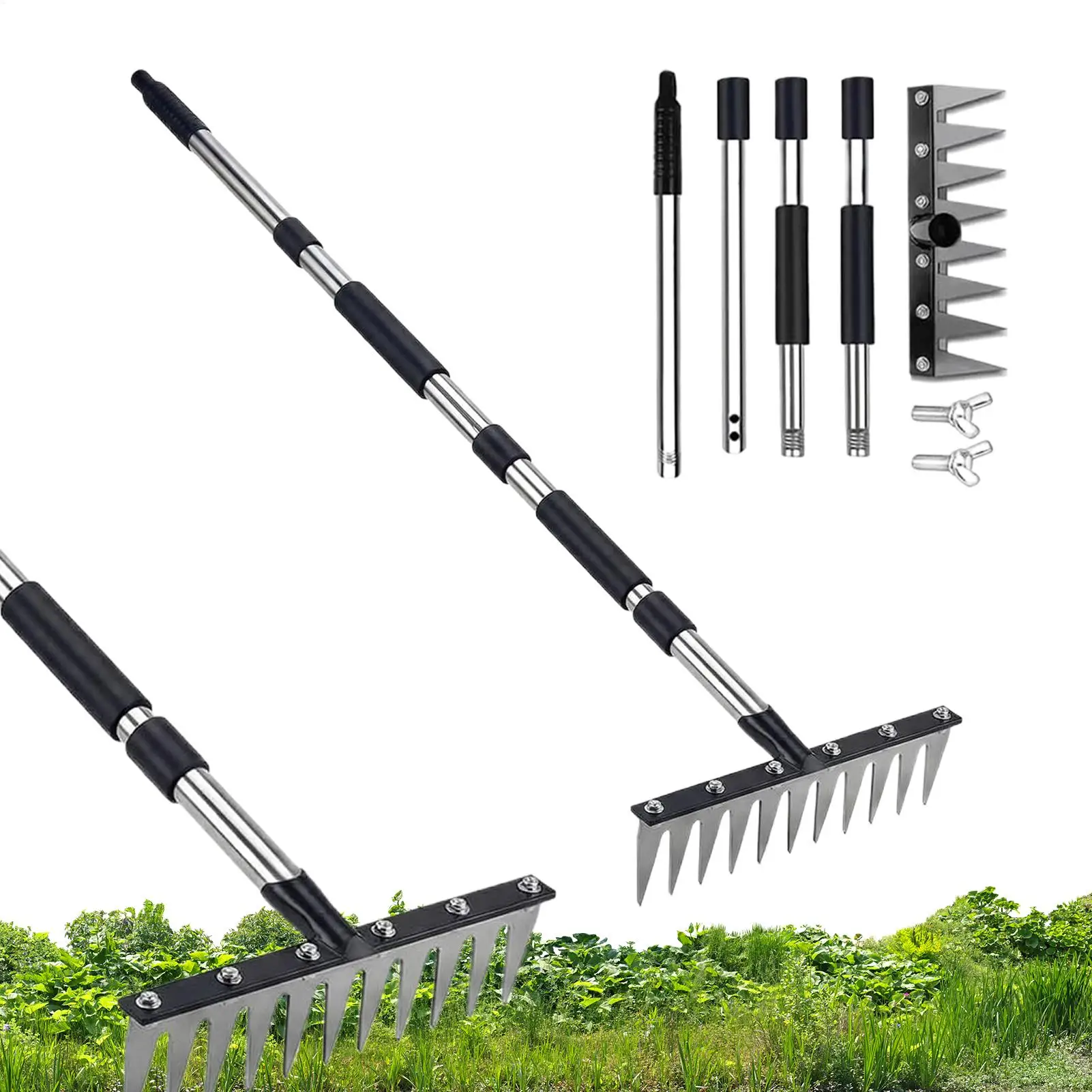 

Грабли для газонов и удаления мусора, 5 зубчатых лезвий, эргономичная изогнутая ручка, уличные грабли для выравнивания почвы, сельскохозяйственные