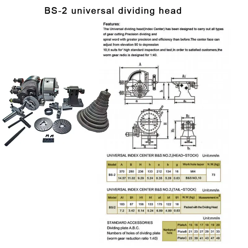 BS-2 universal Dividing Head with 8 inch 200mm 3-jaw Chuck manual Tailstock and Gears for milling lathe machine