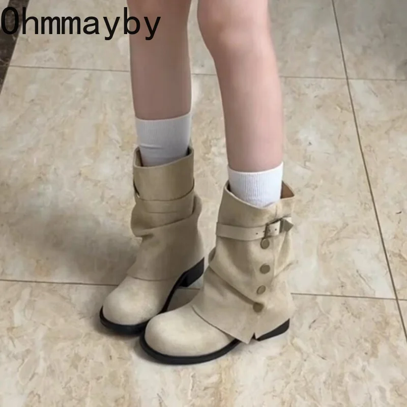 Winter Square Heel Women Mordern Trouser Legs Boots Fashion Belt Buckle Slip On Shoes Ladies Banquet Party Mid Calf Booties