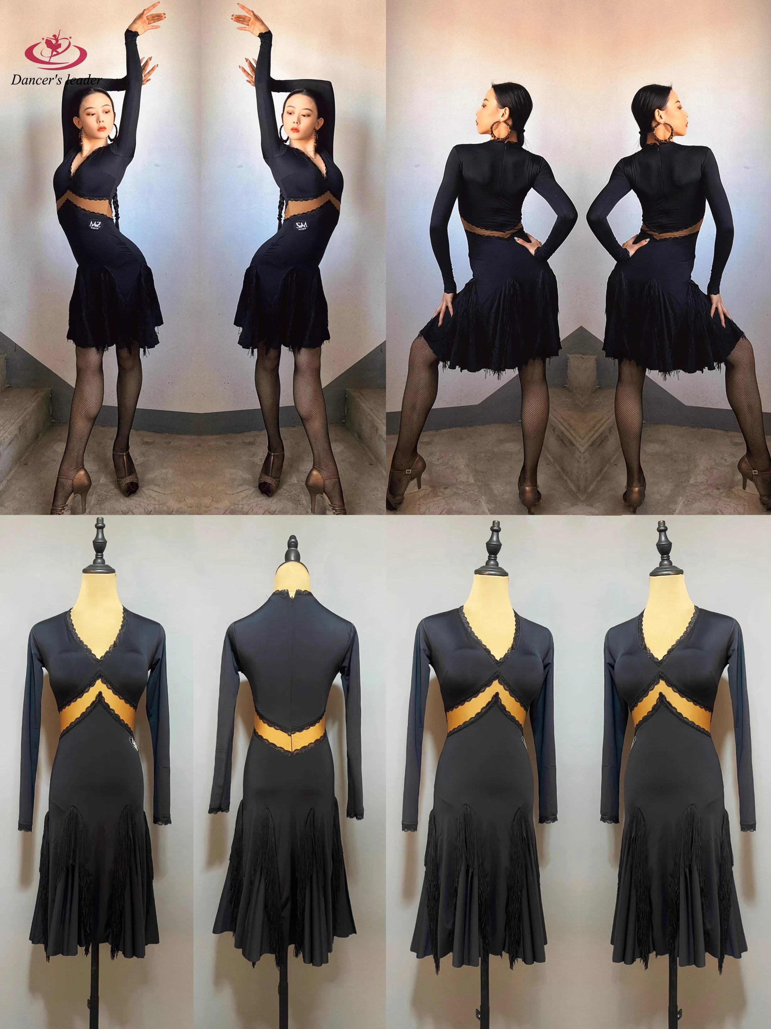 

Adult Women's Latin Dance Clothing College Practice Clothing Art Examination Performance Clothing V-Neck Long Sleeve Tassel