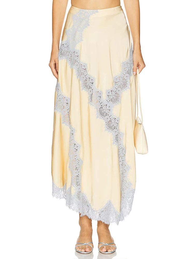 Lace  Cream Satin Women's Two Piece Suit V-neck Sleeveless Camisole Light Gray Lace Trim Long Skirt Set 2025 Female Party Wear
