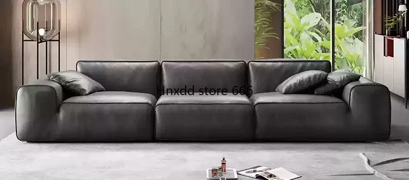 4 meters long living room Italian minimalist style big black cow leather sofa