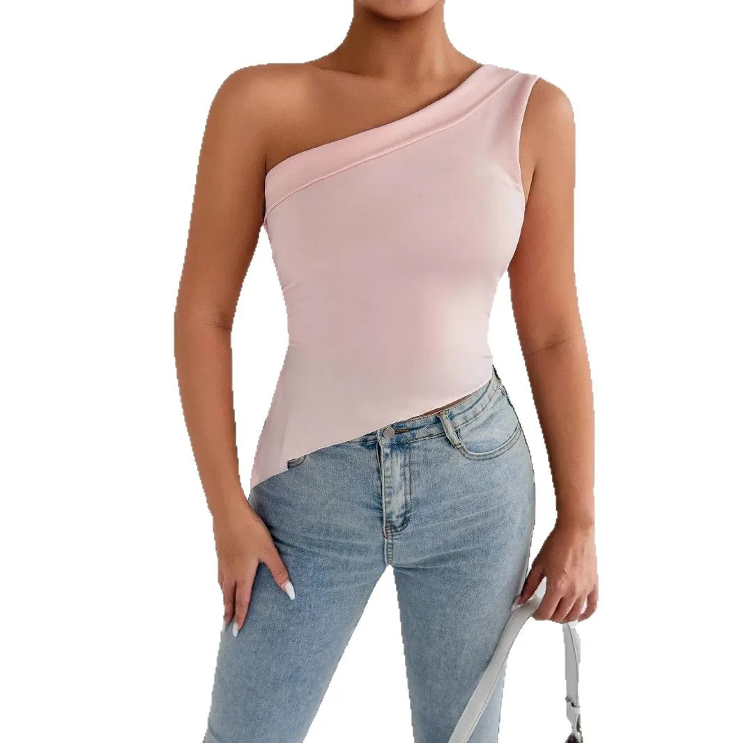 Abbigliamento estivo da donna con collo diagonale Top New T-shirt con spacco laterale in tinta unita con una parola Taglie forti 9XL 8XL 7XL 6XL