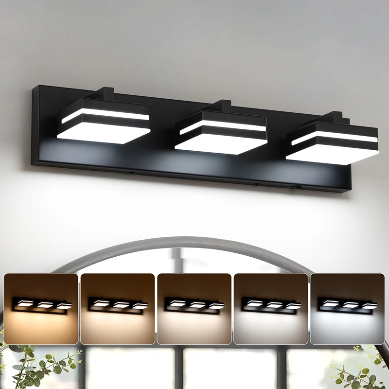Luz de vaidade LED, temperatura de 5 cores ajustável, feita de metal e acrílico, com fio rígido, adequada para iluminação de banheiro