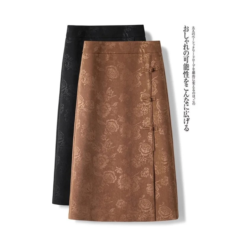 

New Chinese National Half Skirt for Women Button Closure Slit, Printed Bodycon Skirt