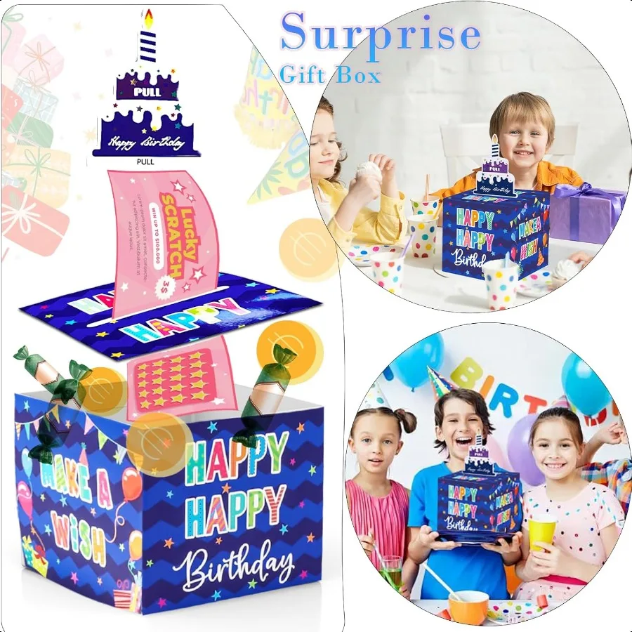 Birthday Money Box for Cash Gift Pull Surprise Money Roll Gift Box with Pull Out Card and 30 Transparent Bags DIY Set Funny Way