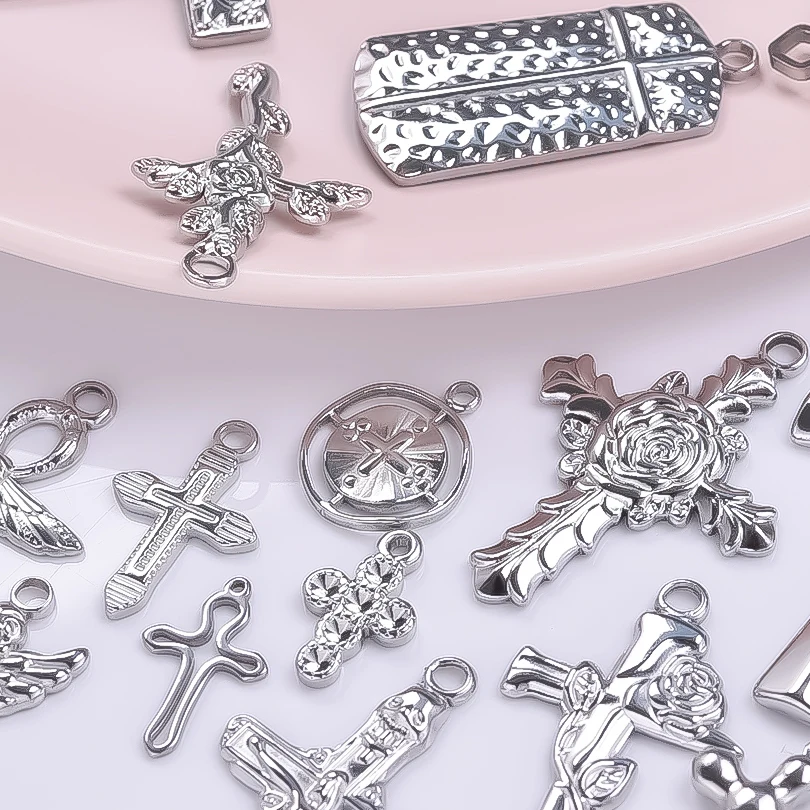 6pc Jesus Angel Cross Pendant Charms For Jewelry Making Supplies Nail Ankh Crosses Stainless Steel Charm Bulk Religious Breloque