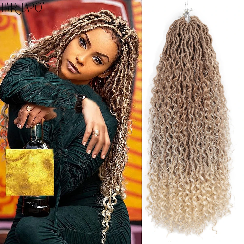 

14-26"Goddess Faux Locs Crochet Hair Natural Synthetic Braiding Hair Extensions River Loc With Curly Ombre Braids Hair Expo City