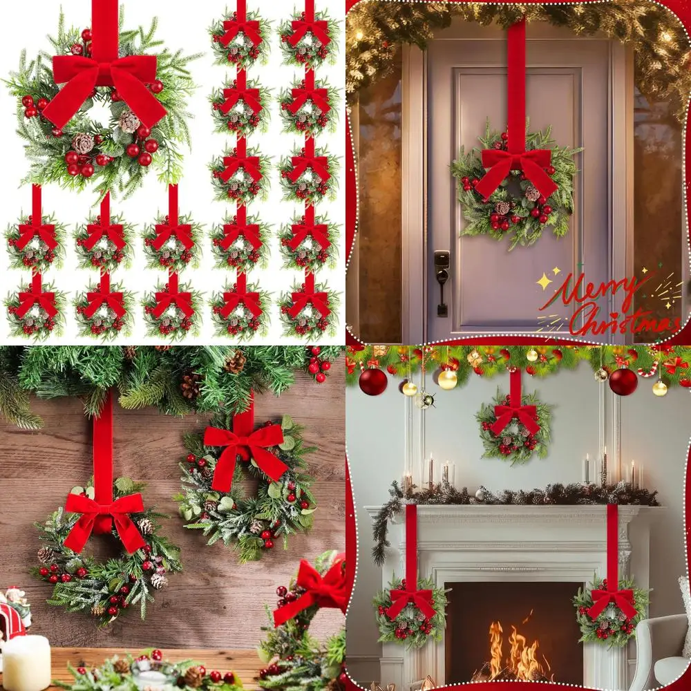 

Mini Christmas Kitchen Cabinet Wreath with Artificial Berries and Snowy Pine Garland for Xmas Table Centerpiece and Front Door D