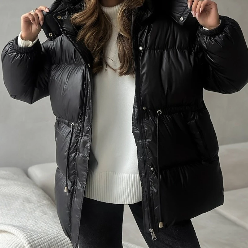 Thicken Cotton Jackets Women Standneck Zipper Long Sleeves Lace Up Detachable Hat Coats Female 2025 Winter Warm Fashion Outwears