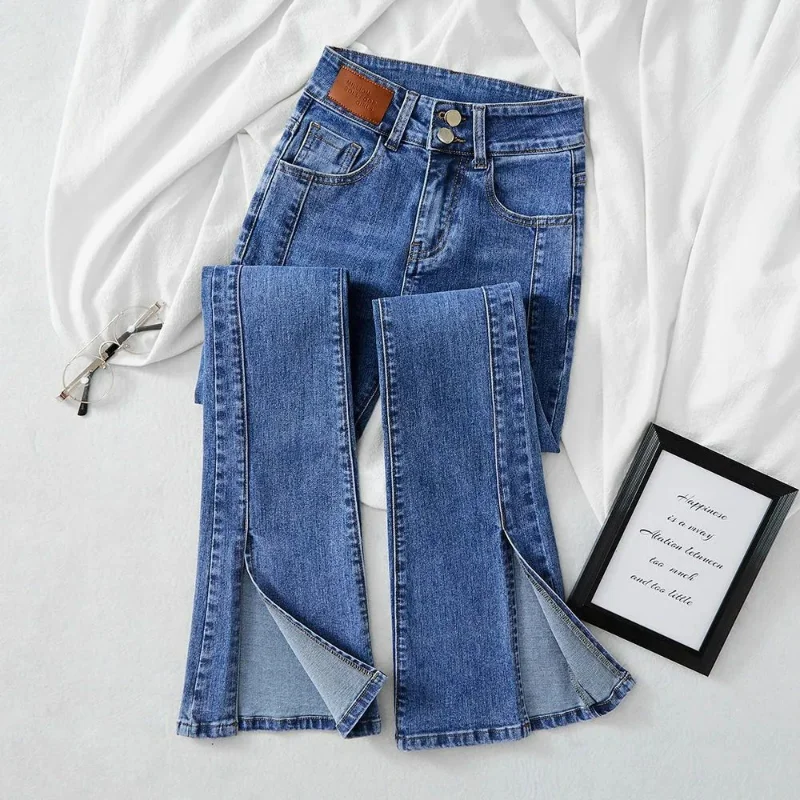 

Streetwear Fashion Woman Clothing Split Slim Flare Jeans Spring Summer New High Waist All-match Vintage Casual Mop Denim Pants