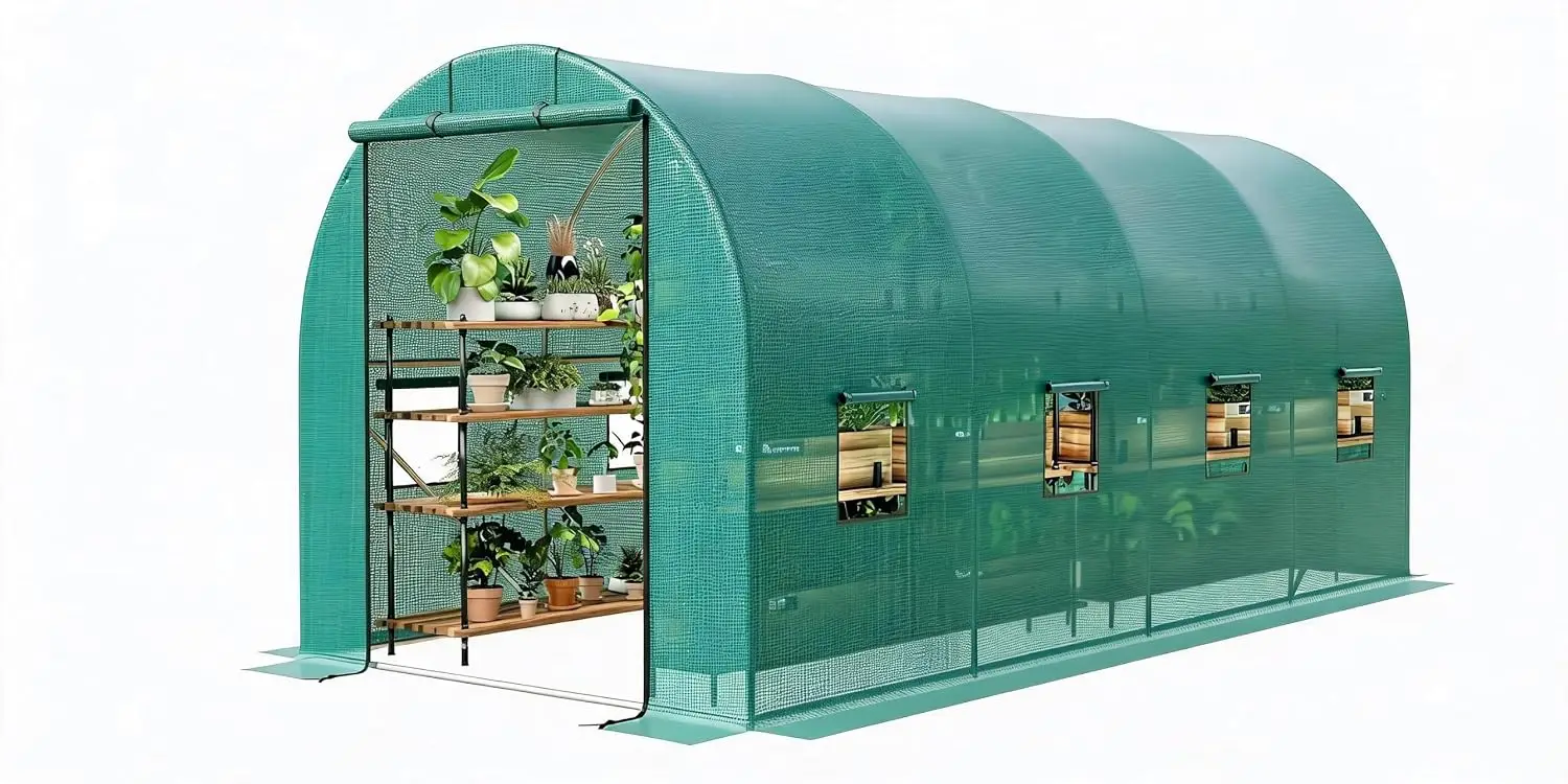 15x7x7 Ft Walk-in Tunnel Greenhouse Galvanized Frame PE Cover Zipper Door, Customized