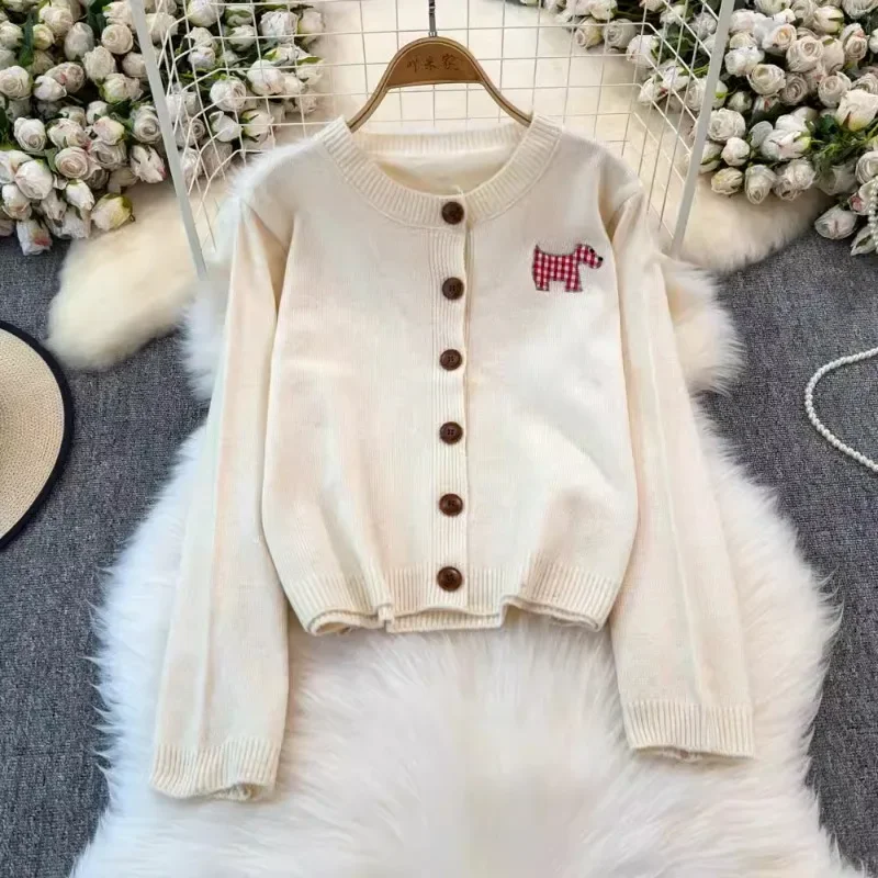 Neploe Puppy Patch Sweet Knitted Cardigan Femme 2024 Autumn Winter Soft Sticky Forest O-Neck Long Sleeve Slimming Sweater Coats