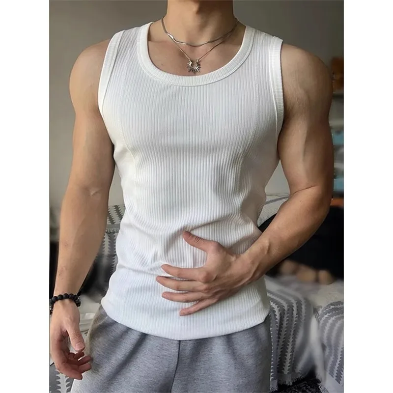 

White Coarse Thread Tank Top Men's Summer Slim Fit Muscle-Enhancing Sleeveless T-Shirt American Style Fitness Sports Undershirt