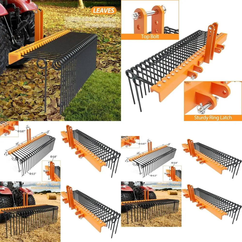 

60-зубчатый стальной грабли-нож для сосновой хвои с пружинными зубьями, крепится к тракторам с 0-1, 3-точечным креплением, желтый