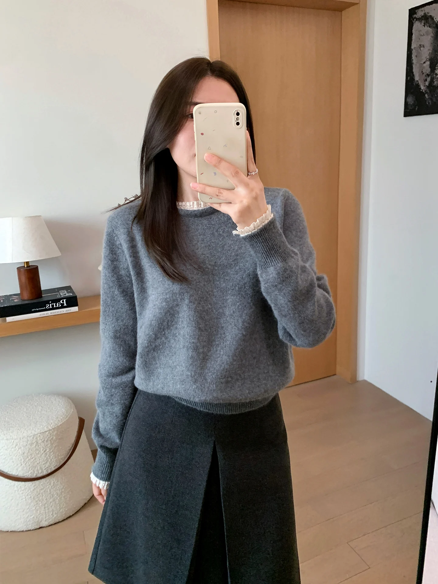 

Женский шерстяной трикотажный свитер с кружевными вставками, длинный, осенне-зимний, модный, нежный, чистый, для электронной коммерции