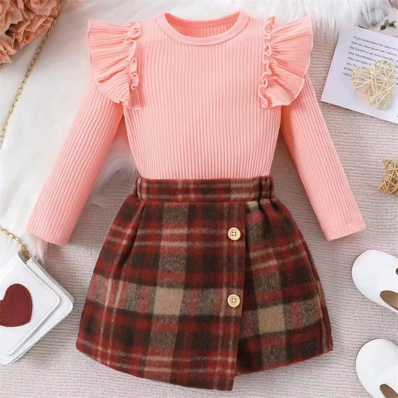 

Suefunskry Toddler Girls Autumn Winter 2PCS Pantskirt Set Long Sleeve Ruffle Ribbed Tops Button Plaid Skirt Sets 9M-4Y