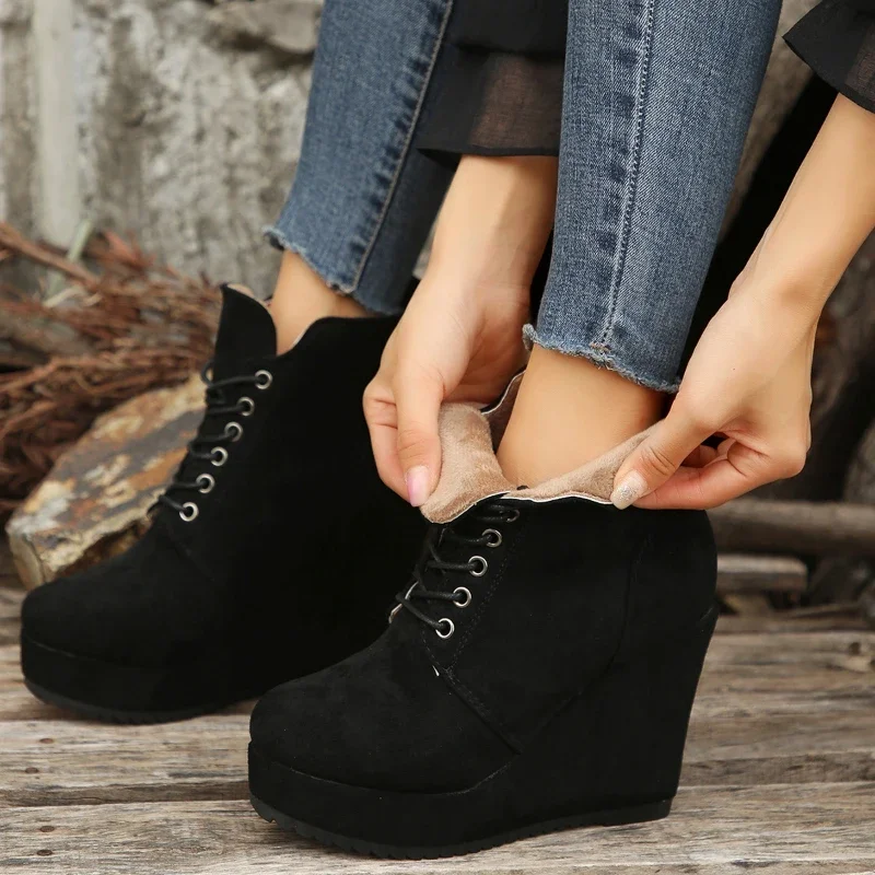 Womens Wedges short Boots 2024 High Heels12CM Flock Fashion Lace Autumn Winter Quality Shoes woman Ankle boots rise sexy botas