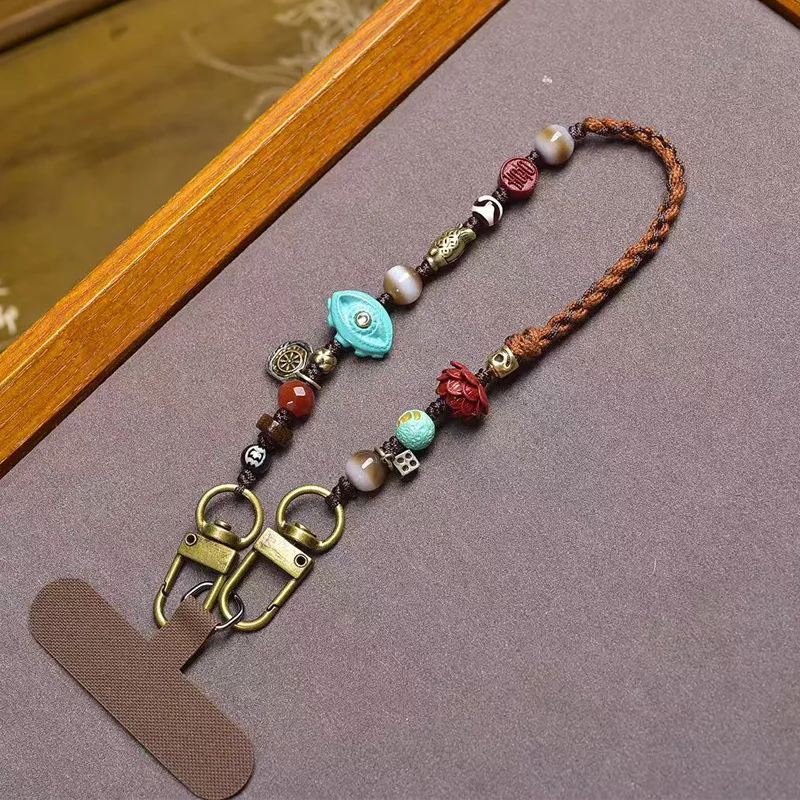 Handmade DIY woven rope phone pendant with turquoise cinnabar  agate dzi beads Kintsuke bear accessories and decorative char