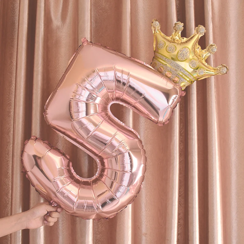 

Rose Gold Crown With Number Foil Balloon Set Digit Helium Air Globos Baby Shower Happy Birthday Party Decoration Kids Globos Toy