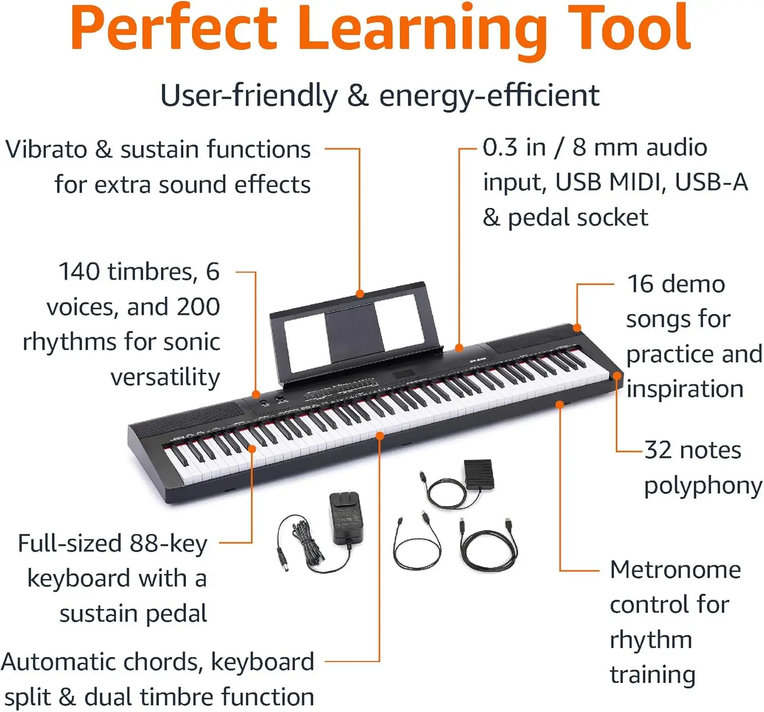 Basics Digital Piano 88 Key Semi-Weighted Keyboard with Sustain Pedal, Power Supply, 2 Speakers, and Lesson Mode, Black