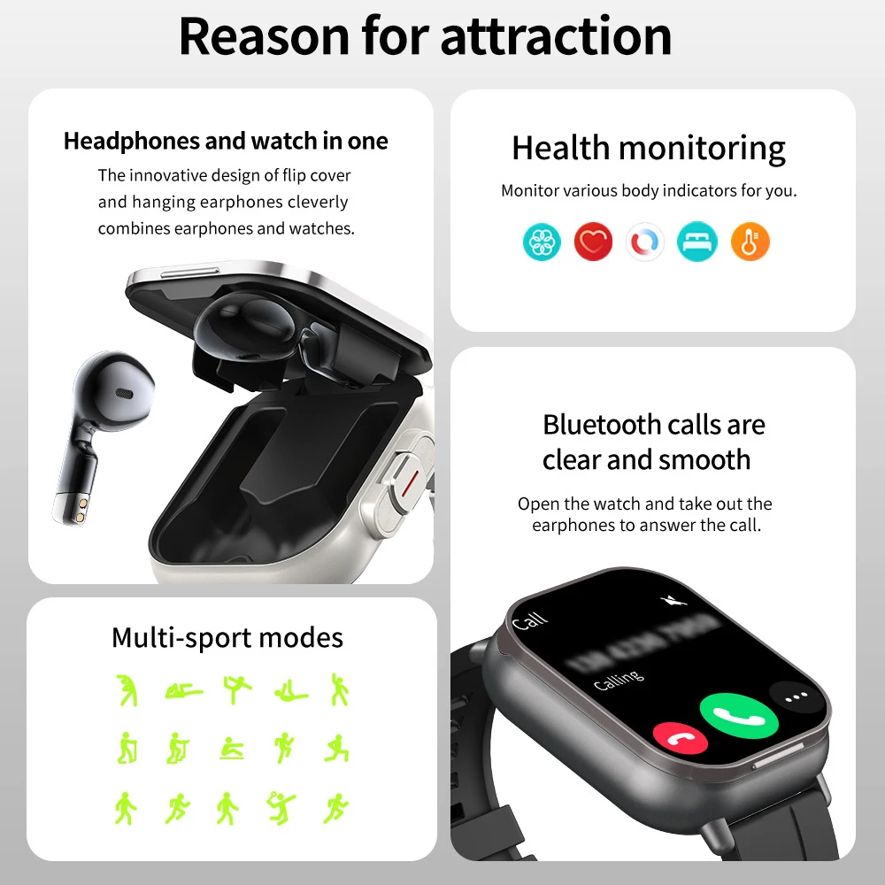 D8 Smart Watch With Earbuds Digital Wrist Watches Headset 2 in 1 Smartwatch for Men Women Electronic Wristwatch Fitness Bracelet