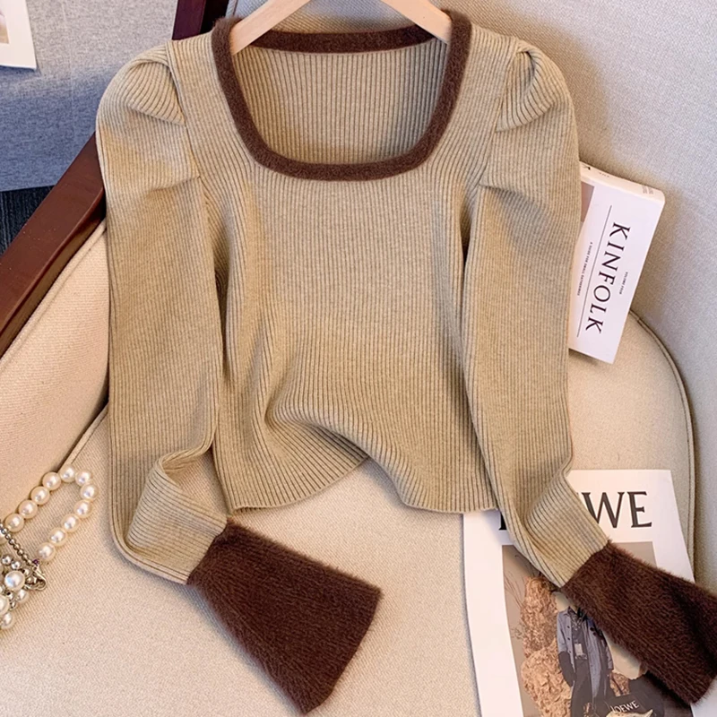 

Вязаный вязаный свитер с квадратным воротником в стиле ретро для женщин, французский пуловер с расклешенными рукавами, свитер, нижний топ, новый модный осенне-зимний свитер