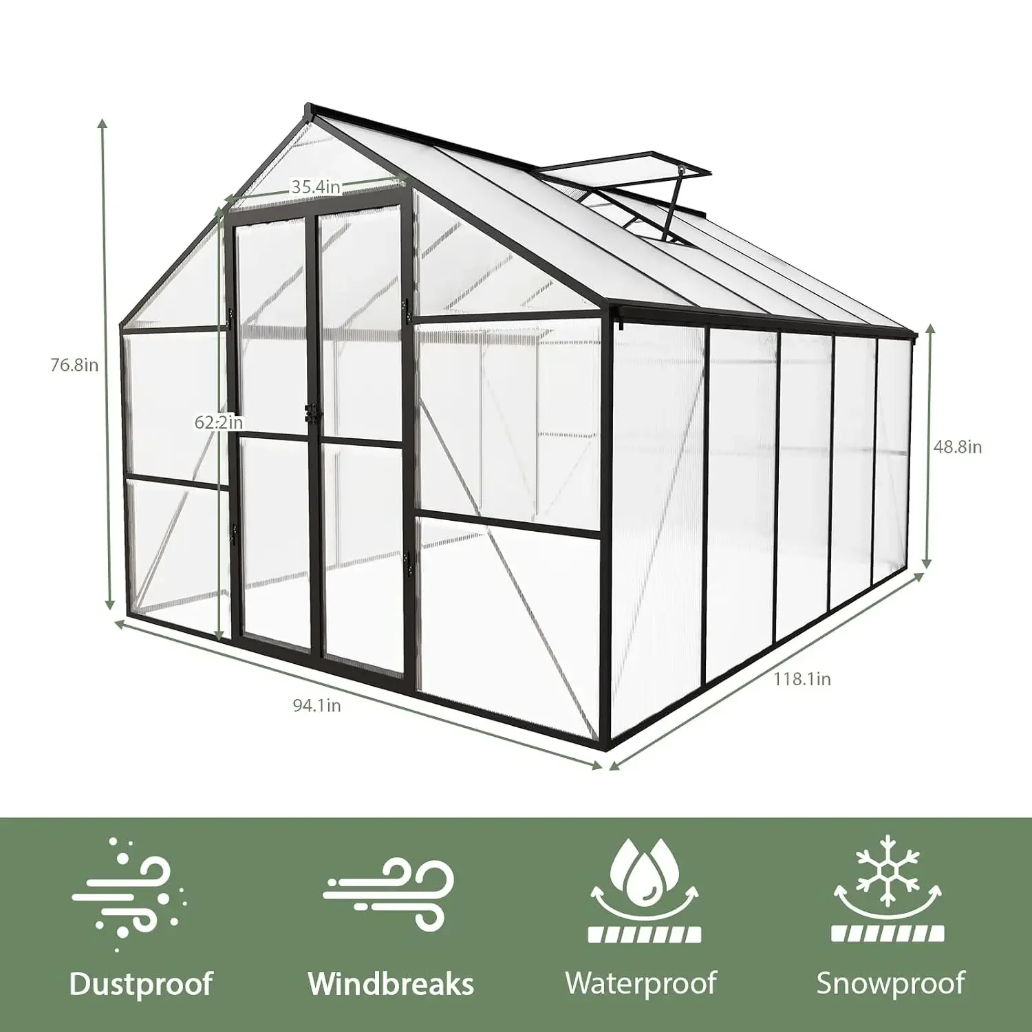 8 x 10 FT Outdoor Greenhouse, Heavy-Duty Polycarbonate Greenhouse with Aluminum Frame, Lockable Door, Adjustable, Customized