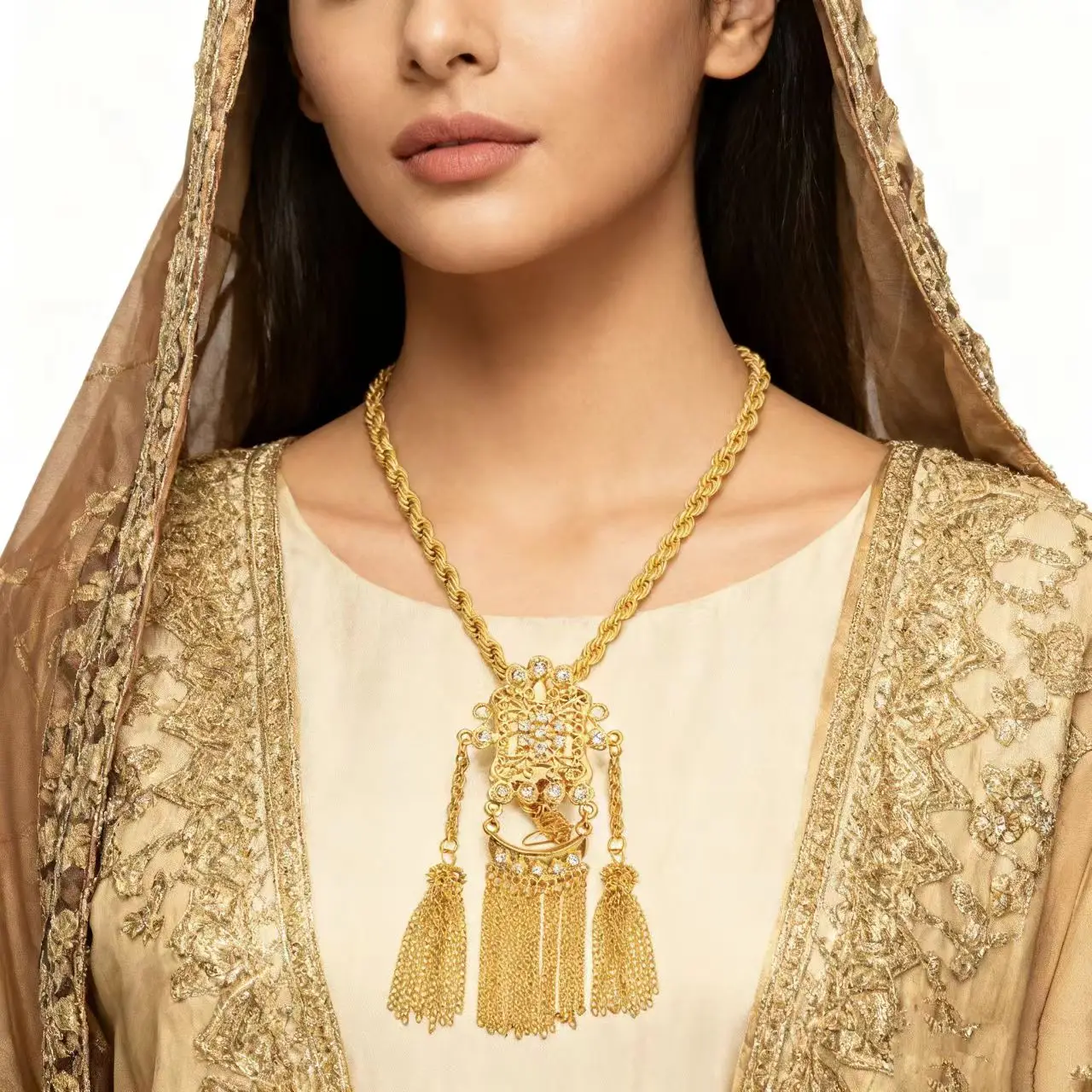 

Gold Plated Long Tassel Necklace Heavy Work Court Style Metal Embedded Craft Bridal Jewelry Algerian Accessory