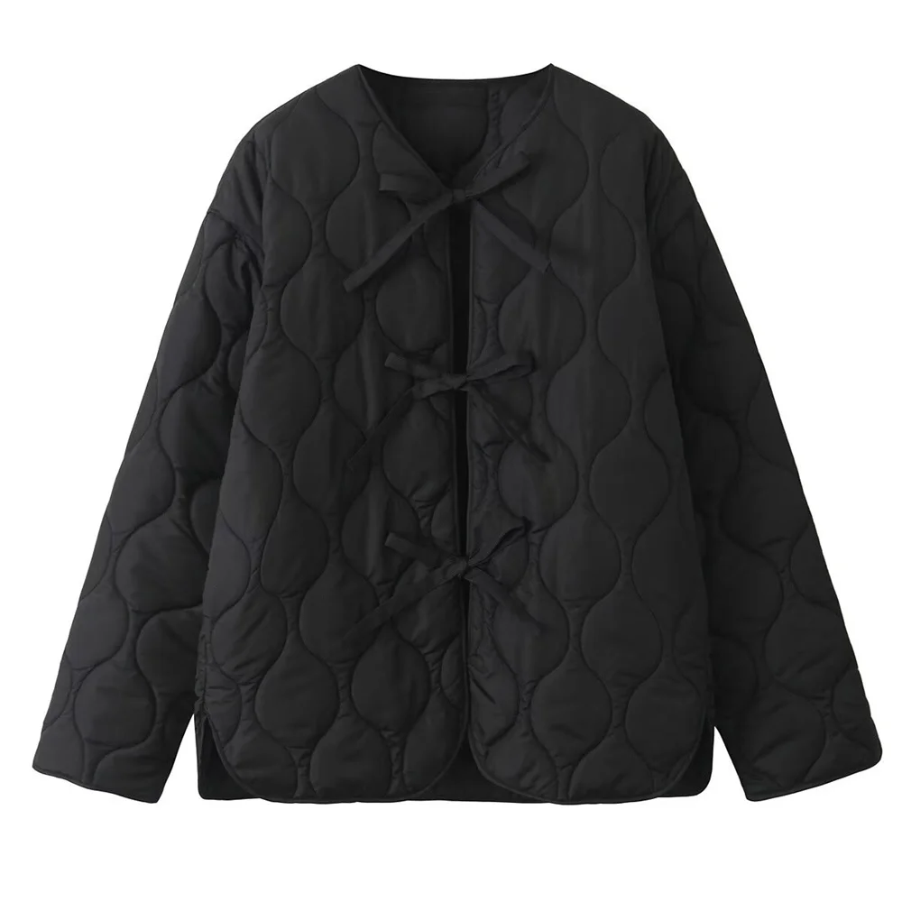 UNIZERA autumn new women's diamond grid pattern cotton jacket with lightweight bow tie round neck long sleeved cotton jacket