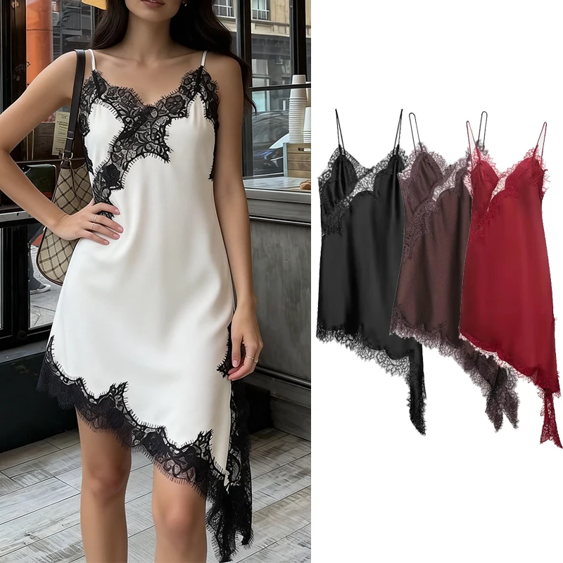 여성 섹시 새틴 홀터 드레스 패션 솔리드 컬러 민소매 백리스 드레스 2026 여름 비대칭 밑단 드레스 레이스 스플라이스 드레스