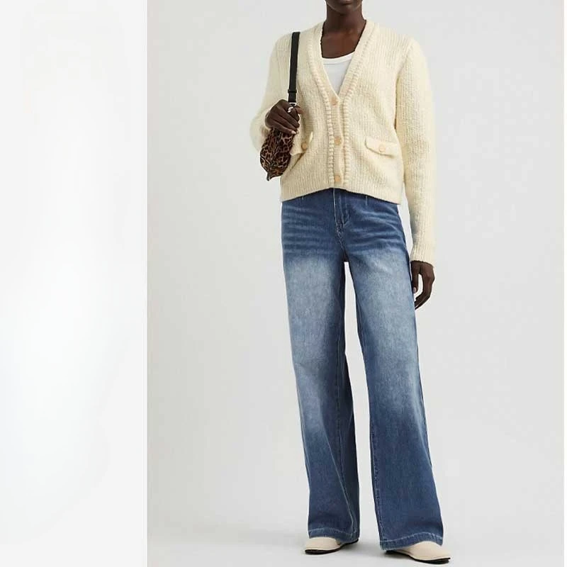 Slim cintura alta perna reta azul gradiente jeans calças femininas confortável rua casual uso diário versátil baggy perna larga jeans