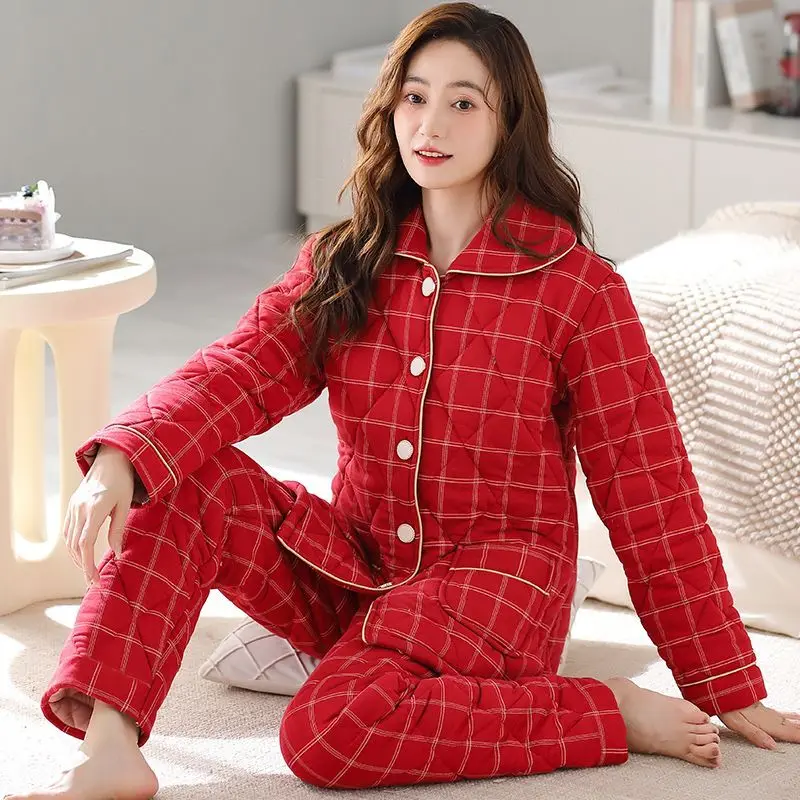 

Pajamas Women's Autumn Winter Pure Cotton Thickened Three-layer Padded Jacket Mother Can Keep Warm Wear Loungewear Suit Winter