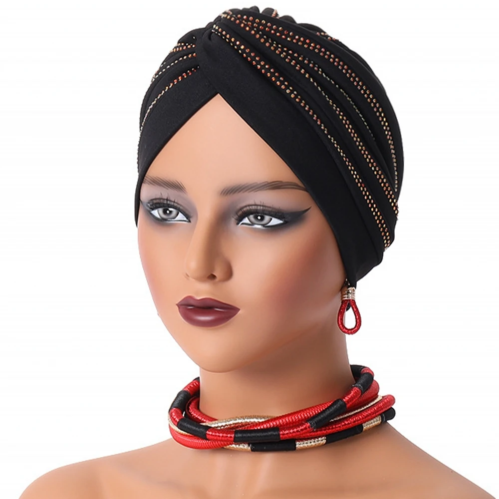 

2024 New Shinny Diamonds Turban Cap For Women Female Wrap Head Bonnet Muslim Headscarf Hat Turbante Mujer