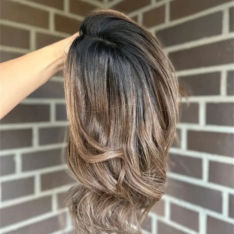 

Short Wave Bob Ombre Brown Lace Front Wigs Synthetic Premium Fibre Wig Black Roots Blend Human Hair Crimped Beach Vibes Style