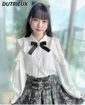 เสื้อโรจิตะสไตล์ญี่ปุ่นสำหรับผู้หญิงเสื้อชายแขนสั้นงานปะติดไข่มุกคอเสื้อเสื้อเสื้อผู้หญิงโมดา2024