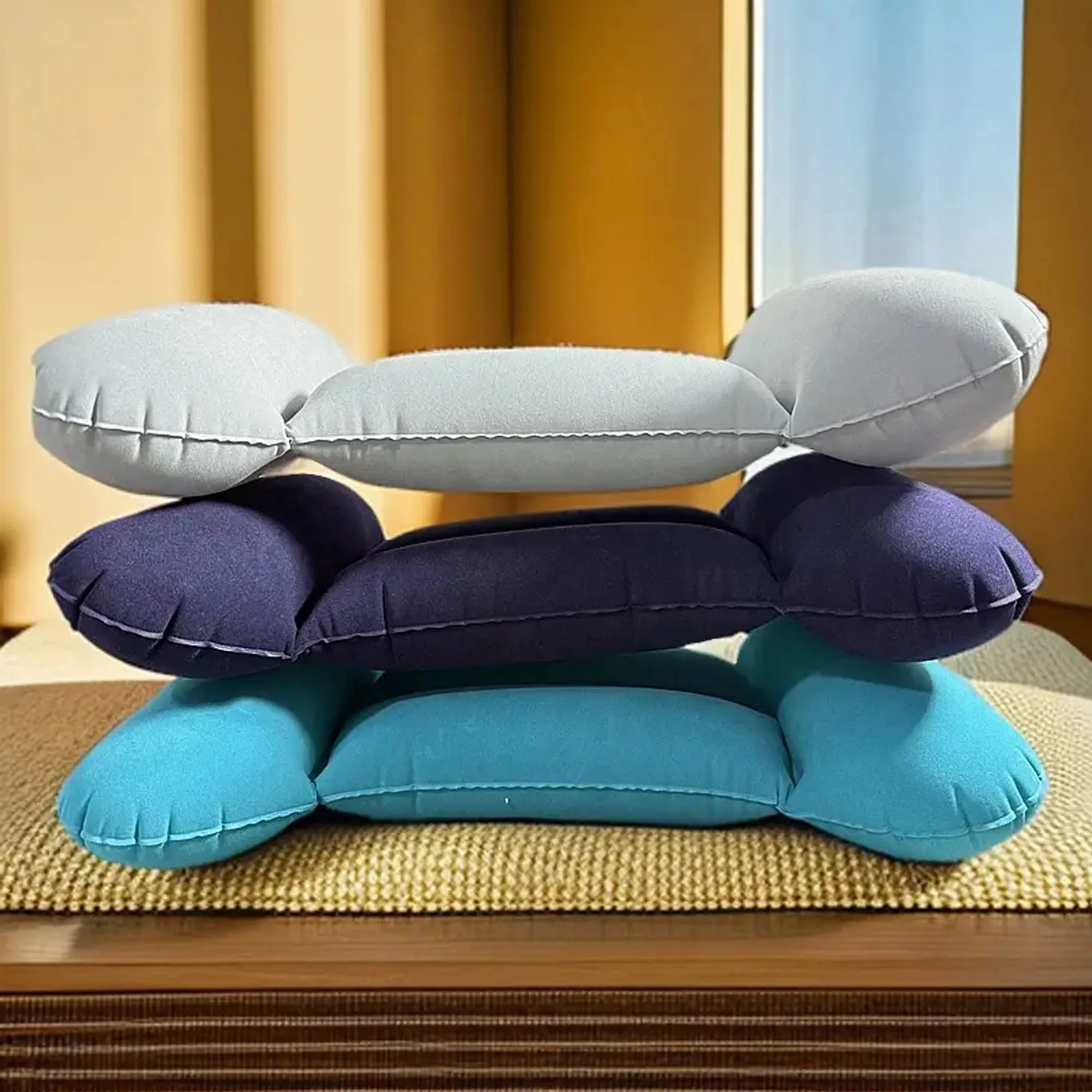1-Piece H-Shaped Inflatable Travel Lumbar Pillow, Portable Travel Pvc Flocking Press-Inflatable Lumbar Support Pillow, Office Chair Backrest Pillow