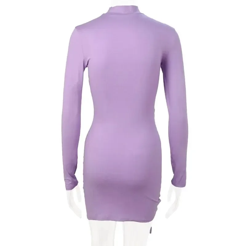 Long Sleeve Ruched Bodycon Dress Women Turtleneck Bandage Mini Dresses Autumn Black Skinny Stretchy Party Vestidos