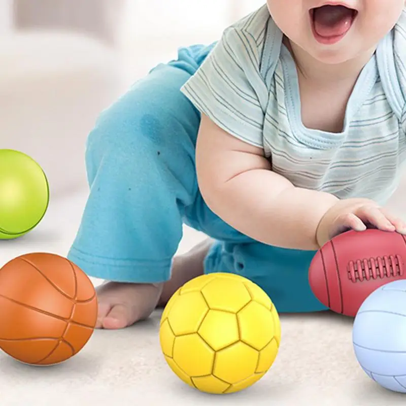 Bolas de silicona para niños, Mini balón de fútbol de baloncesto, 6 piezas, colores brillantes, forma cognitiva, juguete sensorial para niños