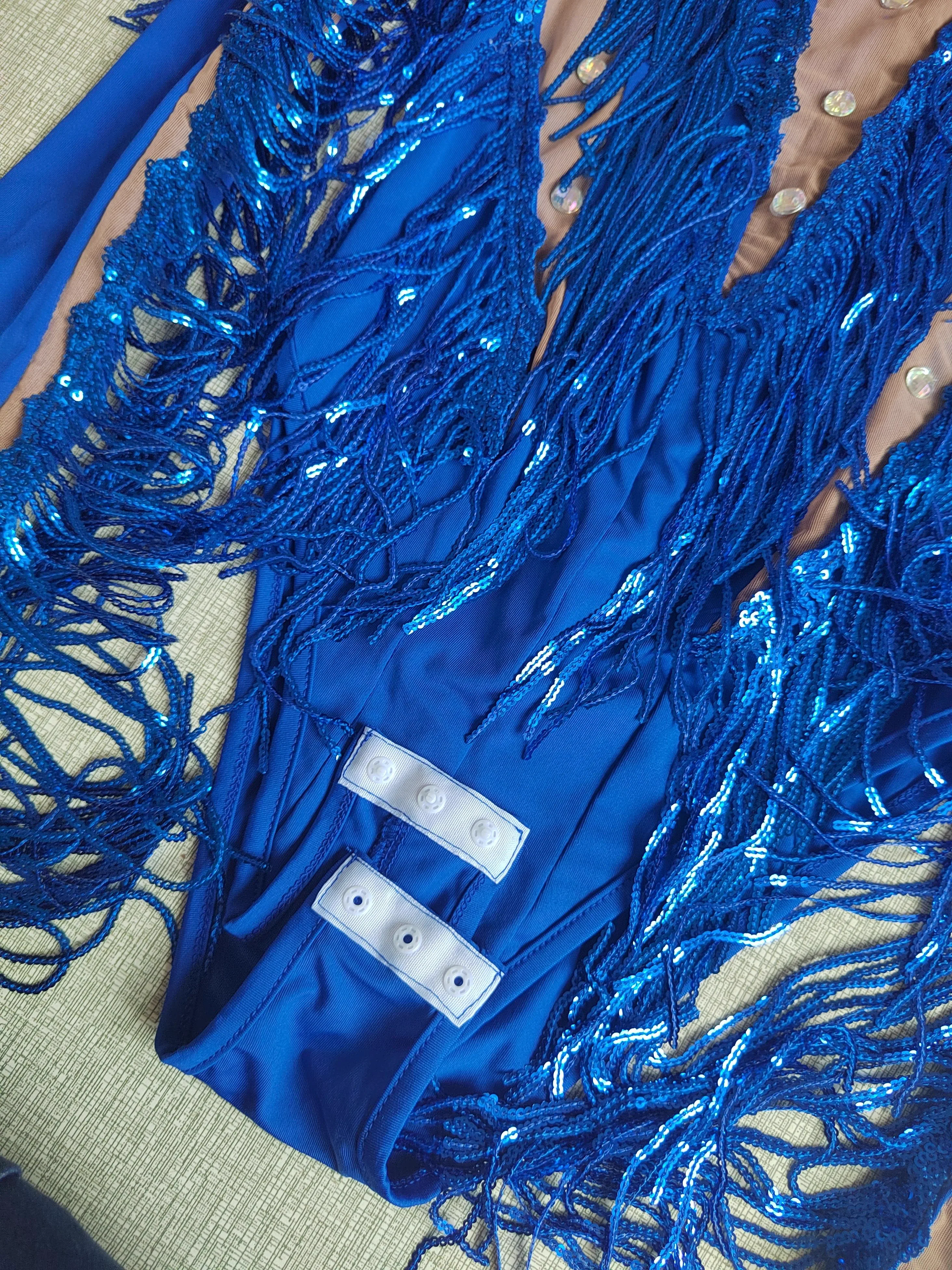 Blauwe pailletten kwastje strass bodysuit Latin pole jazzdans zangeres bar nachtclub sexy transparante DJ Gogo podiumkleding