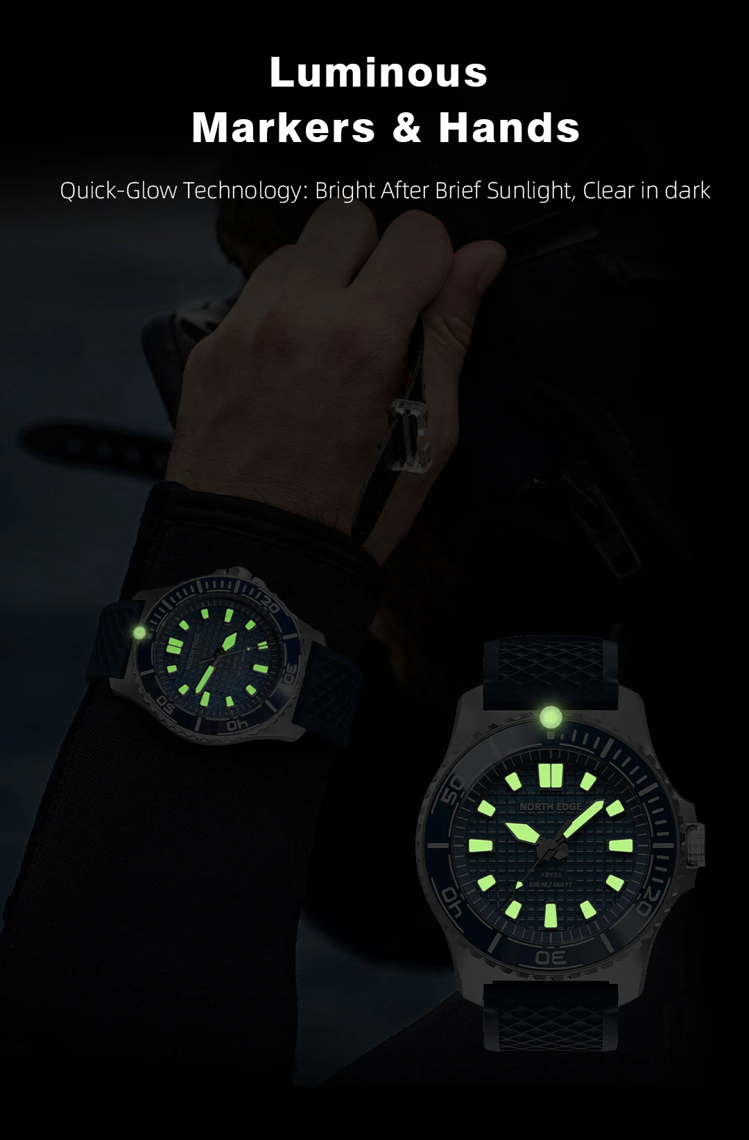 NORTH EDGE ABYSS Herren Quarzuhr Solarbetriebene Luxusuhr 200M Wasserdichte Taucheruhr 316L Stahlgehäuse 180+ Tage Energievorrat – Detail 11