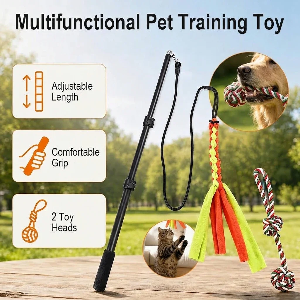 3-Section Telescopic Dog Flirt Pole 42-100cm Portable Pet Teaser Stick Interactive Chase Training Toy Set for Dogs Cats