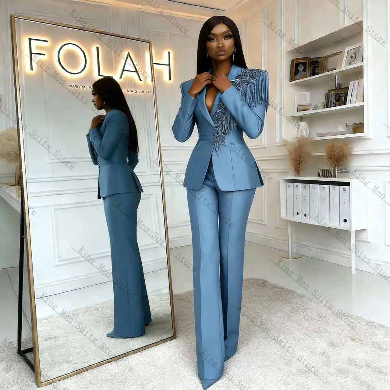 

Tassel Blue Women Suit Set 2 Pcs Blazer+Pants Trousers Autumn Spring Cotton Customized Formal Guest Wedding Tuxedos Coat Jacket